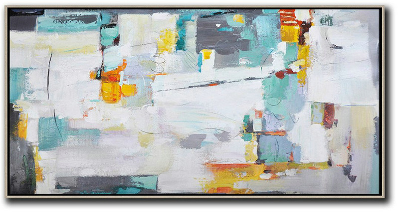Large Abstract Art Handmade Oil Painting,Horizontal Palette Knife Contemporary Art,Original Art,White,Grey,Yellow.etc